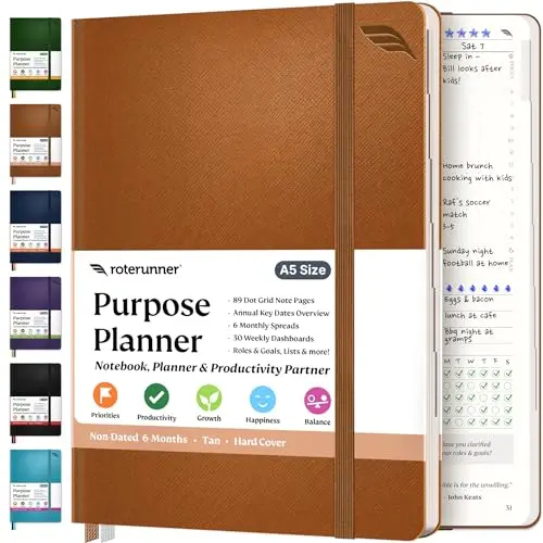 Roterunner purpose planner with tan hardcover and dotted pages