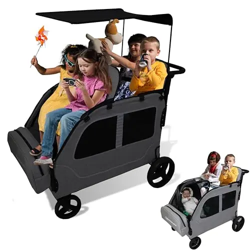 Germinate 4 seater wagon stroller in dark grey with convertible seats and canopy