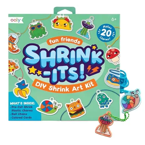 Ooly Shrink-Its art kit with pre-cut plastic charms and coloring materials