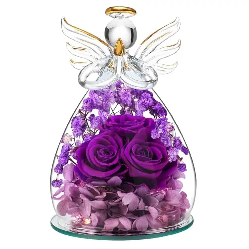 BEFERR preserved rose in glass angel figurine with LED lights