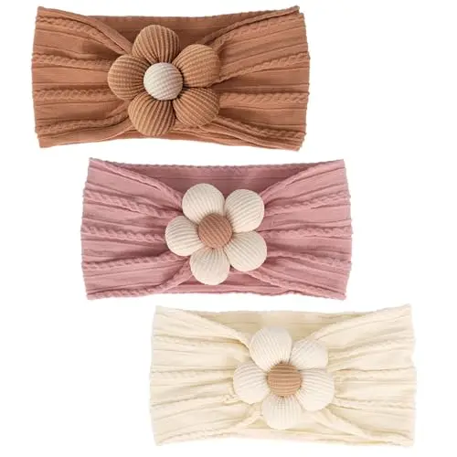 MIUXUESO baby flower headbands in yellow, pink, and brown