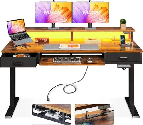 AODK electric standing desk with power outlets and LED lights