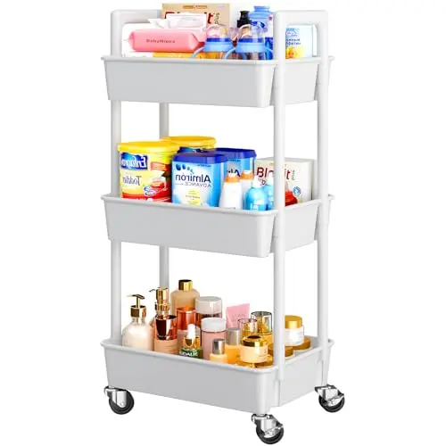 Pipishell 3-tier plastic rolling cart with lockable wheels in white