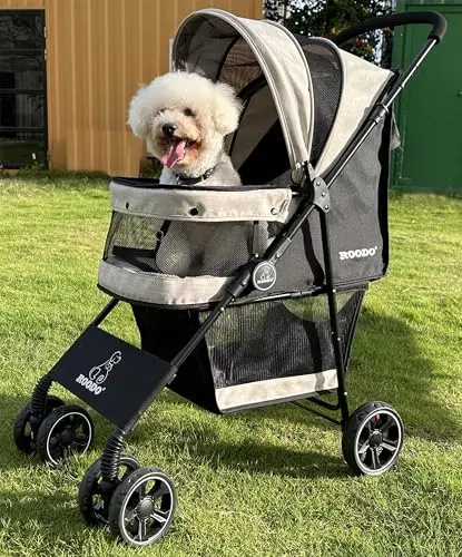 ROODO 4-wheel pet stroller in light khaki color with spacious cabin