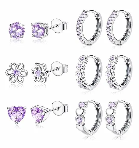 YADOCA 6 pairs of hypoallergenic earrings with purple cubic zirconia