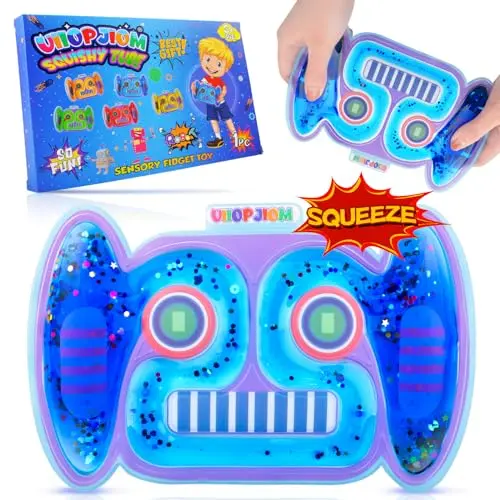Sensory fidget toy with blue liquid and glitter in robot shape