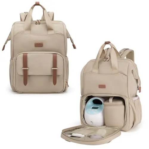 MOMMORE champagne-colored diaper backpack with laptop compartment for Spectra pumps