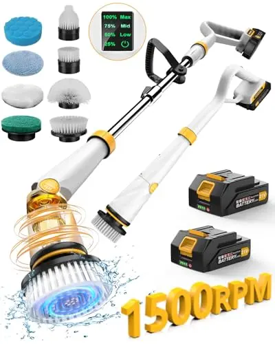 Qimedo electric spin scrubber cleaning a bathtub with multiple brush attachments