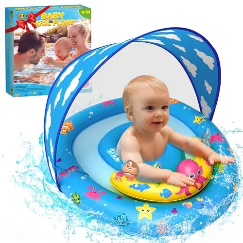 ZIZZ blue baby pool float with toy console and sun protection
