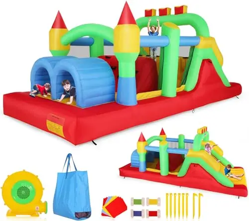 Whubefy inflatable obstacle course with tunnels and slide