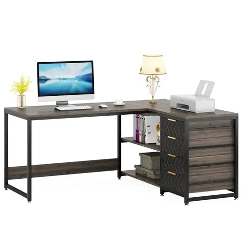 LITTLE TREE L-shaped desk with drawers and storage shelves