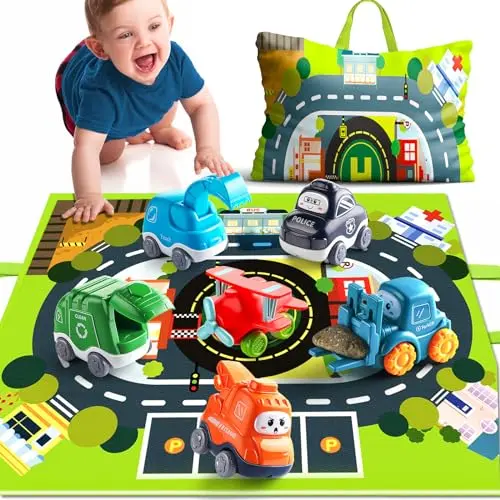 BESSOME cartoon truck toys with storage bag for toddlers