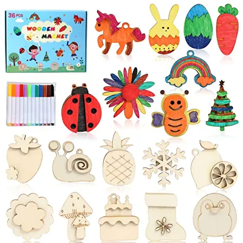 Worgree DIY wooden magnets craft kit with colored pens