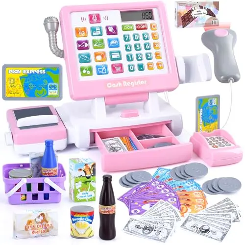 PLAY pink cash register toy with microphone and conveyor belt