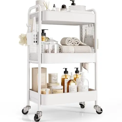 TOOLF 3-tier metal rolling cart with pegboard and hooks in white