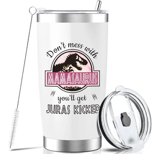 ULRHPC white insulated tumbler with humorous Mamasaurus design and sealed lid