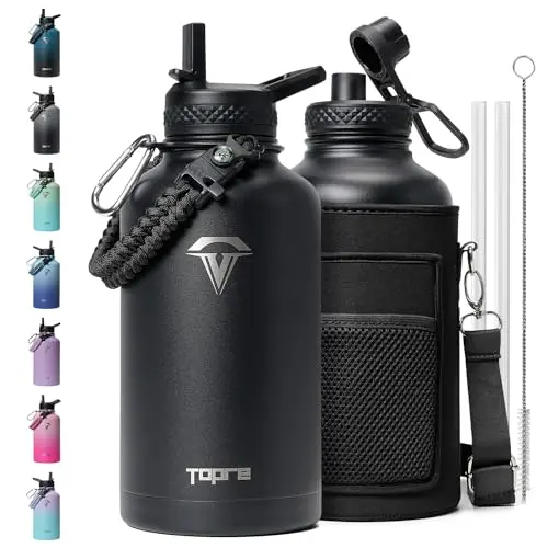 Topre 64oz half gallon water bottle in black with paracord handle and dual lids