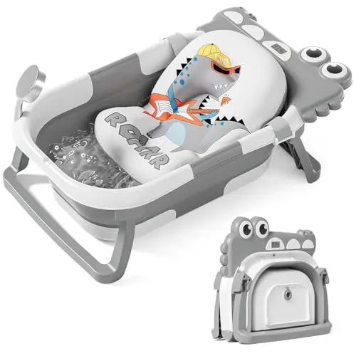 TPN collapsible baby bathtub showing grey design with built-in thermometer and soft cushion