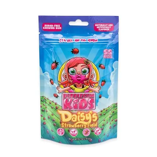 Bubblegum Kids strawberry chiclet gum in resealable pouch