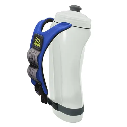 Amphipod Hydraform Ergo handheld water bottle in blue with adjustable strap and thumb-lock design