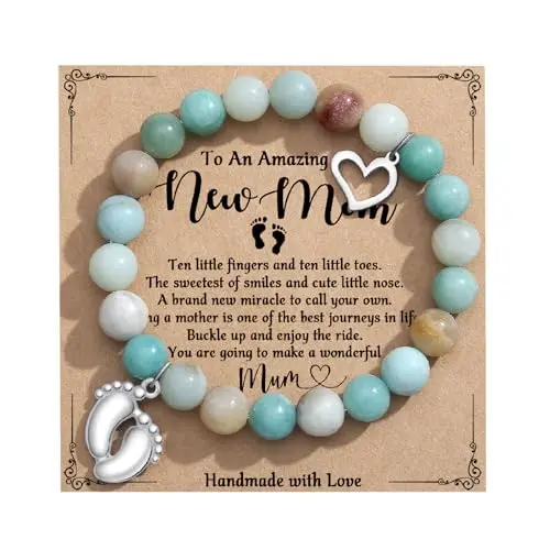 Natural stone bracelet with baby feet charm for expecting mothers