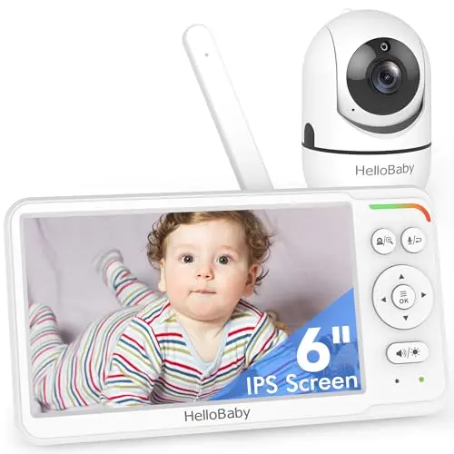 HelloBaby baby monitor with large 6-inch IPS screen showing clear video of nursery