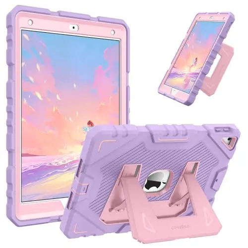 Fintie purple iPad case with heavy-duty construction and built-in kickstand for kids