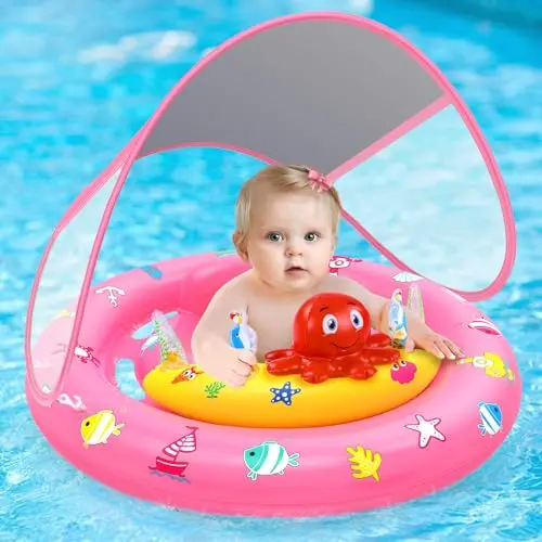 HINZER pink baby pool float with toys and sun canopy