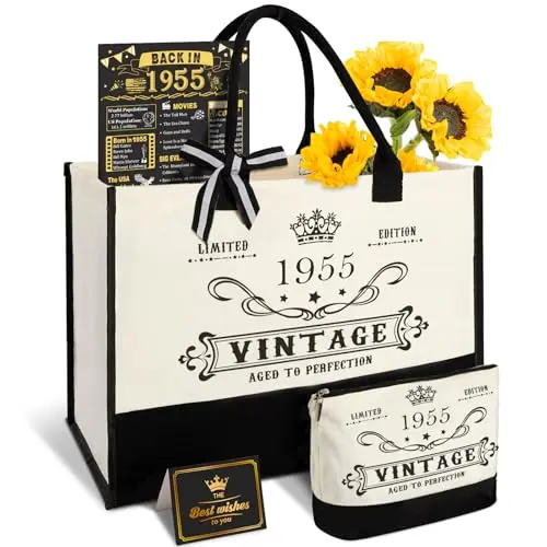 70th birthday canvas tote bag set with cosmetic bag and 1955 poster