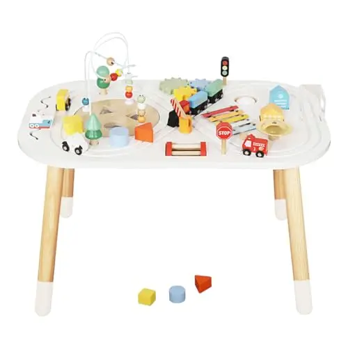 Wooden activity cubes table with bead mazes and multiple play features