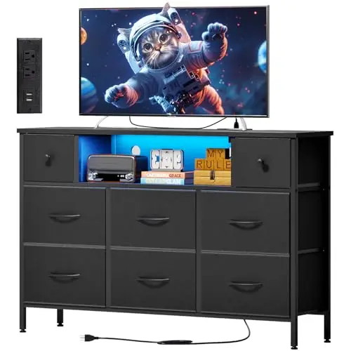 Fixwal black 8-drawer dresser with LED lights and charging station