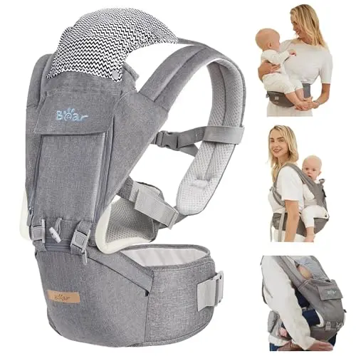 Bear baby carrier with hip seat and enhanced lumbar support