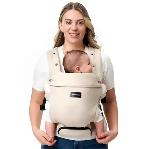Momcozy newborn baby carrier with sunshield in khaki color