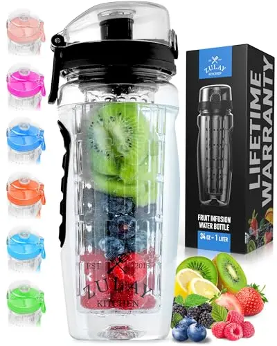 Zulay 34oz fruit infuser water bottle with full-length infusion rod and time marker