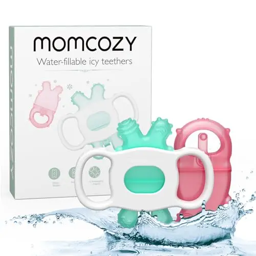 Momcozy Baby Teether Toys in pink and green with multiple textures