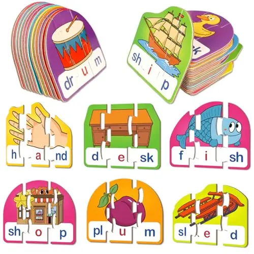 Kasfalci phonics puzzle cards with color-coded letter pieces