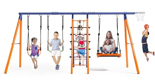 SIHANM multifunction swing set with climbing net and basketball hoop