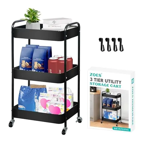 ZOES HOMEWARE 3-tier metal rolling cart with mesh baskets in black