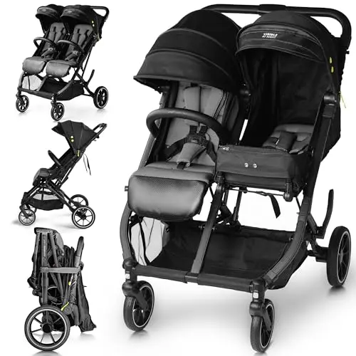 BabyCruiser Double Stroller with adjustable seats and compact fold