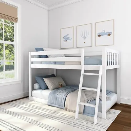 Max & Lily fundamental twin low bunk bed in white with guardrails