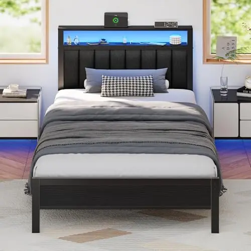 Furnulem twin bed frame with grey upholstered headboard, LED lights, and charging station