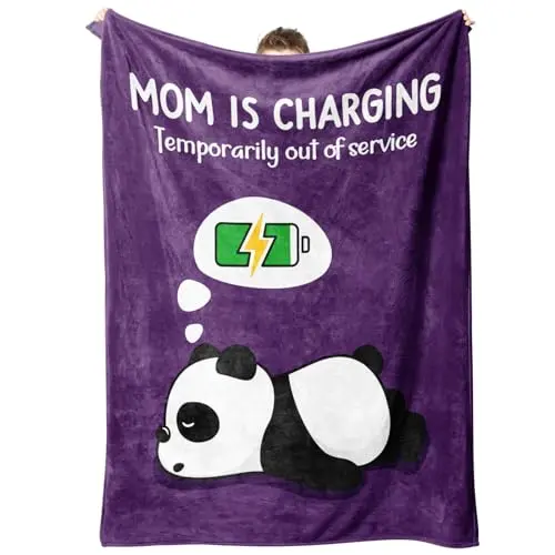 Craftique violet flannel blanket with funny Mom is Charging pattern