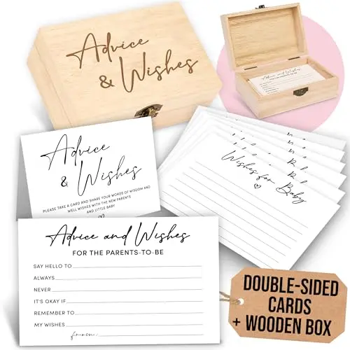 Woodamore baby shower advice cards with wooden storage box