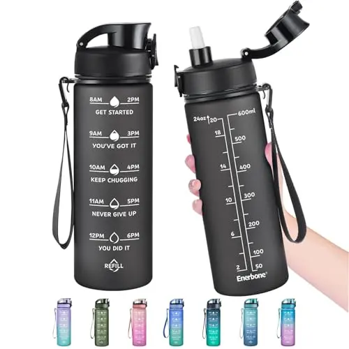 Enerbone 24oz motivational water bottle with time markers and straw