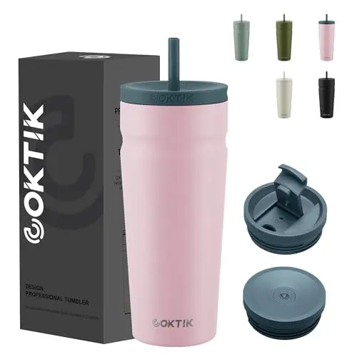 COKTIK insulated tumbler with two interchangeable lids and straw