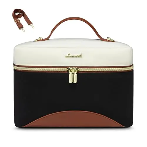 LOVEVOOK insulated lunch tote in black with off-white and brown accents