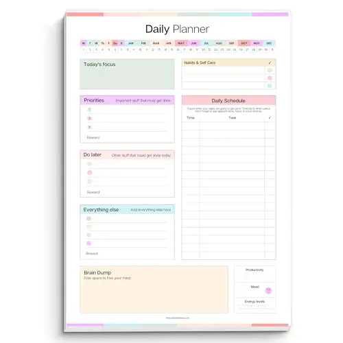 Rainbow ADHD daily planner desk pad with checklist and reward tracking