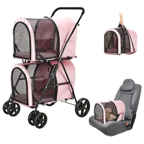 LPOTIUS double pet stroller in light pink with two detachable carriers