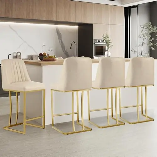 LSSBOUGHT beige faux leather bar stools with gold metal frame