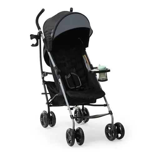 Summer Infant 3Dlite stroller in dark gray showing compact fold and storage basket
